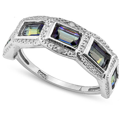 SMASHING 1.36 CARAT BLUE MYSTIC GEMSTONE WITH DOUBLE GENUINE DIAMONDS PLATINUM OVER 0.925 STERLING SILVER RING