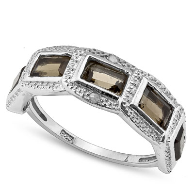SMASHING 1.66 CARAT SMOKEY TOPAZ WITH DOUBLE GENUINE DIAMONDS PLATINUM OVER 0.925 STERLING SILVER RING