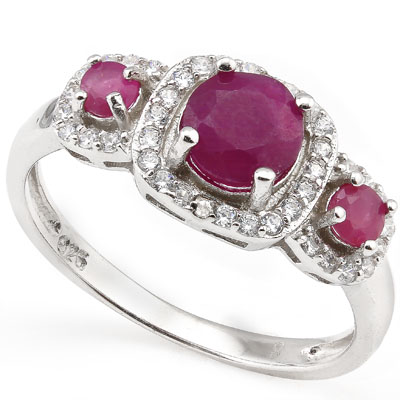 SMASHING 1.49 CARAT GENUINE RUBY WITH DOUBLE GENUINE DIAMONDS PLATINUM OVER 0.925 STERLING SILVER RING