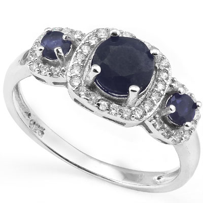 SMASHING 1.34 CARAT GENUINE SAPPHIRE WITH GENUINE DIAMONDS PLATINUM OVER 0.925 STERLING SILVER RING