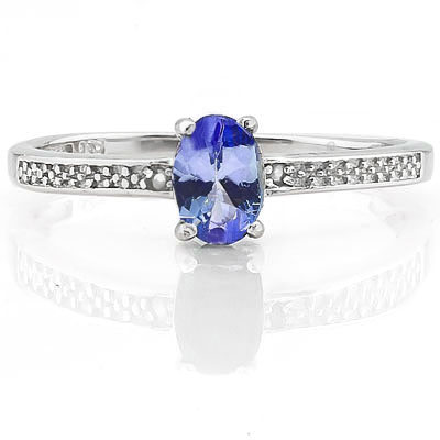 SMASHING 0.46 CARAT GENUINE TANZANITE WITH GENUINE DIAMONDS PLATINUM OVER 0.925 STERLING SILVER RING