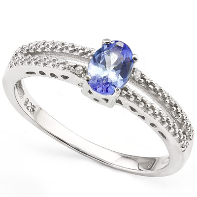 SMASHING 0.45 CARAT GENUINE TANZANITE WITH DOUBLE GENUINE DIAMONDS PLATINUM OVER 0.925 STERLING SILVER RING