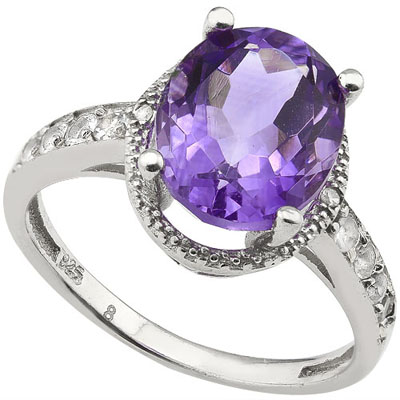 SMASHING 3.42 CARAT AMETHYST WITH 8 PCS WHITE TOPAZ AND DOUBLE GENUINE DIAMONDS PLATINUM OVER 0.925 STERLING SILVER RING