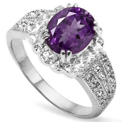 DELICATE! FLORAL LAVENDER AMETHYST & DOUBLE WHITE DIAMOND 0.925 STERLING SILVER W/ PLATINUM RING