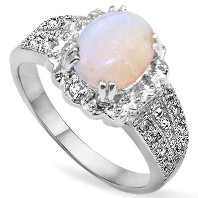CHARMING! 1.5 CT FIRE OPAL DOUBLE WHITE DIAMOND 0.925 STERLING SILVER W/ PLATINUM RING
