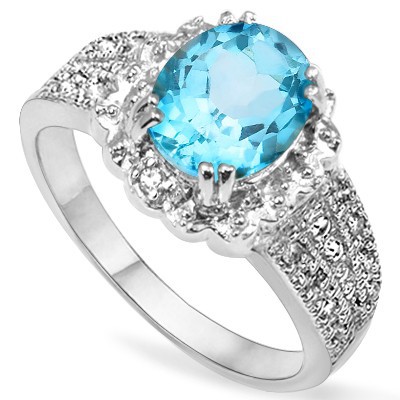 WONDERFUL 2.11 CT SKY BLUE TOPAZ & DOUBLE GENUINE DIAMOND 0.925 STERLING SILVER W/ PLATINUM RING