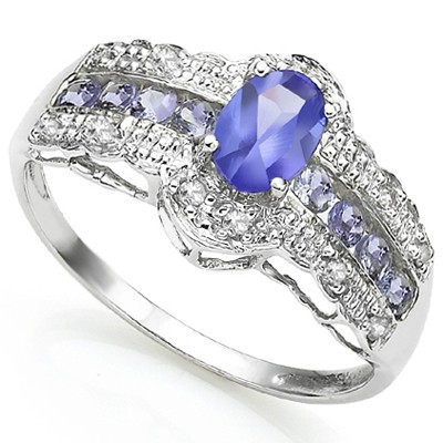 SUPERIOR GENUINE TANZANITE & 8 PCS GENUINE TANZANITE W/ GENUINE DIAMOND STERLING SILVER RING