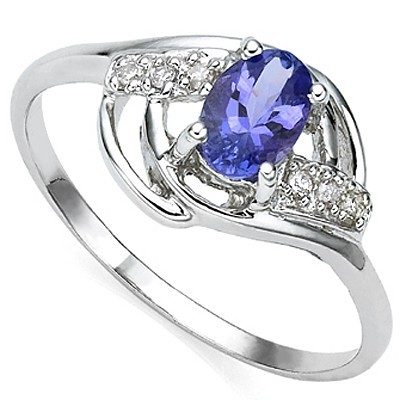ELEGANT GENUINE TANZANITE DOUBLE WHITE DIAMOND 0.925 STERLING SILVER W/ PLATINUM RING
