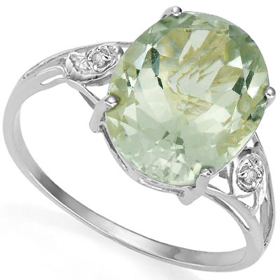 LOVELY 5.5 CARAT GREEN AMETHYST & DOUBLE GENUINE DIAMONDS PLATINUM OVER 0.925 STERLING SILVER RING
