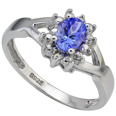 ALLURING 0.42 CT GENUINE TANZANITE & 2 PCS GENUINE DIAMONDS 0.925 STERLING SILVER W/ PLATINUM RING