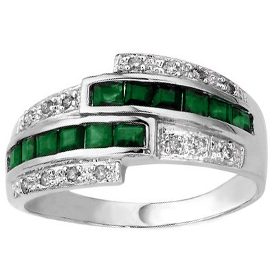 MAGIC 0.01 CT WHITE DIAMOND & 12 PCS GENUINE EMERALD 0.925 STERLING SILVER W/ PLATINUM RING