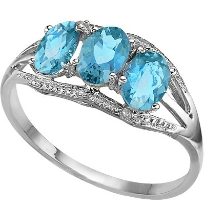 ENTICING TRIPLE SKY BLUE TOPAZ DOUBLE WHITE DIAMONDS 0.925 STERLING SILVER W/ PLATINUM RING