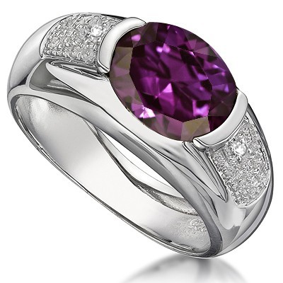 LOVELY! AMAZING 3.23 CTW CREATED BYZANTIUM ALEXANDRITE W/ 2 PCS GENUINE WHITE DIAMONDS IN 0.925 STERLING SILVER W/ PLATINUM RING 