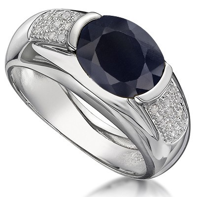 MAJESTIC GENUINE BLACK SAPPHIRE DOUBLE WHITE DIAMOND 0.925 STERLING SILVER W/ PLATINUM RING