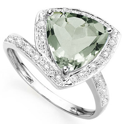 EXCELLENT 2.85 CT GREEN AMETHYST WITH DOUBLE GENUINE DIAMONDS PLATINUM OVER 0.925 STERLING SILVER RING