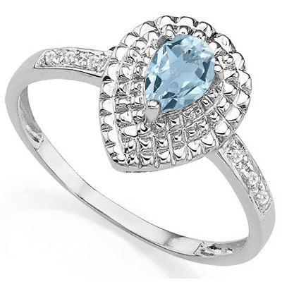 EXQUISITE! CLEAR WATER BLUE AQUAMARINE DOUBLE WHITE DIAMOND 0.925 STERLING SILVER W/ PLATINUM RING