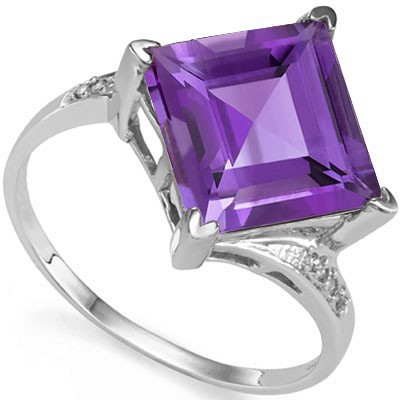 PERFECT 4.65 CT AMETHYST WITH DOUBLE GENUINE DIAMONDS 0.925 STERLING SILVER W/ PLATINUM RING