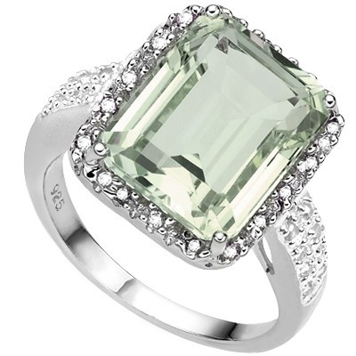 ENORMOUS & FRESH! 6.04 CT GREEN AMETHYST DOUBLE WHITE DIAMOND 0.925 STERLING SILVER W/ PLATINUM RING