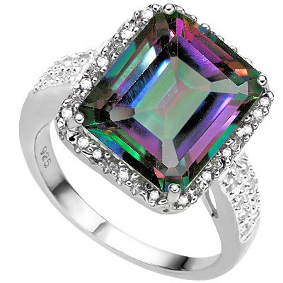 BEAUTIFUL 5.48 CT MYSTIC TOPAZ DOUBLE WHITE DIAMOND 0.925 STERLING SILVER W/ PLATINUM RING