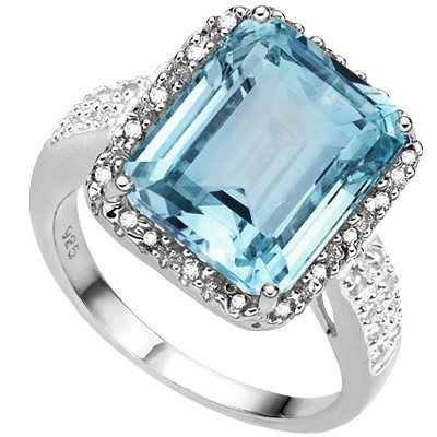 FASCINATING SKY BLUE TOPAZ DOUBLE WHITE DIAMOND 0.925 STERLING SILVER W/ PLATINUM RING