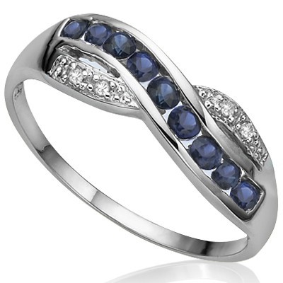 CLASSIC 9 PCS MIDNIGHT BLUE SAPPHIRE DOUBLE WHITE DIAMONDS 0.925 STERLING SILVER W/ PLATINUM RING