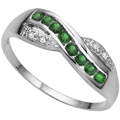 SPLENDID 8 PCS GENUINE GREEN EMERALD, DOUBLE WHITE DIAMOND 0.925 STERLING SILVER W/ PLATINUM RING