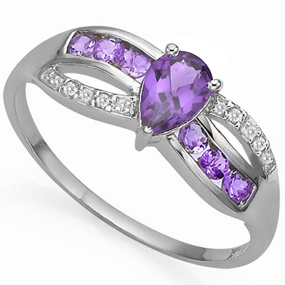 CLASSY 0.55 CARAT AMETHYST & DOUBLE GENUINE DIAMONDS PLATINUM OVER 0.925 STERLING SILVER RING