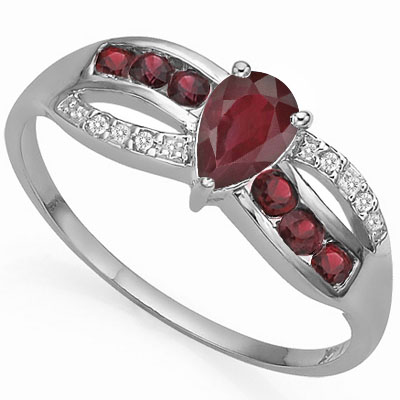 SMASHING GENUINE RUBY & GARNET WITH DOUBLE GENUINE DIAMONDS PLATINUM OVER 0.925 STERLING SILVER RING