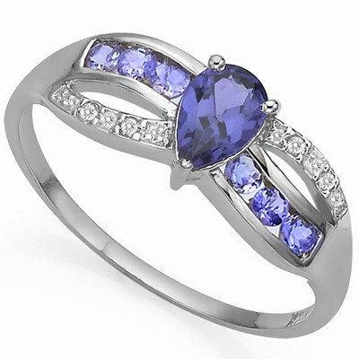FASCINATING GENUINE TANZANITE WITH DOUBLE GENUINE DIAMOND 0.925 STERLING SILVER W/ PLATINUM RING