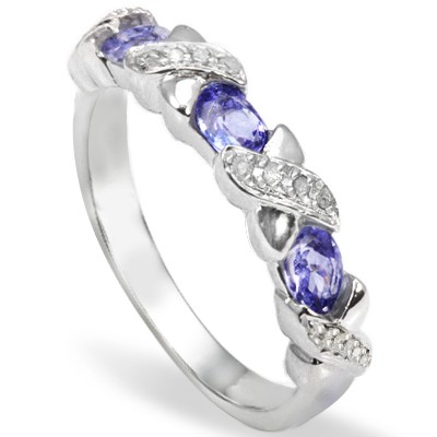 CHARMING! GENUINE BLUE TANZANITE GENUINE & WHITE DIAMOND 0.925 STERLING SILVER W/ PLATINUM RING