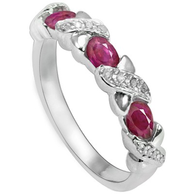 GRACEFUL GENUINE RED RUBY DOUBLE WHITE DIAMOND 0.925 STERLING SILVER W/ PLATINUM RING
