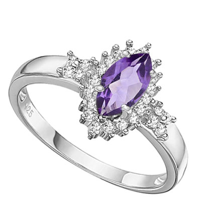 AMAZING 0.42 CARAT AMETHYST WITH DOUBLE GENUINE DIAMONDS PLATINUM OVER 0.925 STERLING SILVER RING