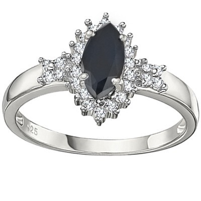 WONDERFUL GENUINE BLACK SAPPHIRE DOUBLE WHITE DIAMOND 0.925 STERLING SILVER W/ PLATINUM RING