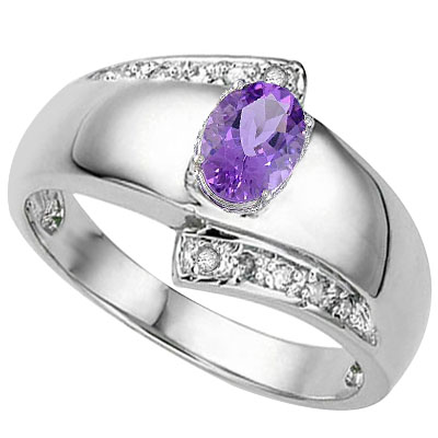 ELITE 0.42 CARAT AMETHYST WITH DOUBLE GENUINE DIAMONDS PLATINUM OVER 0.925 STERLING SILVER RING