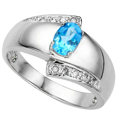 EXCELLENT 0.54 CARAT BLUE TOPAZ & DOUBLE GENUINE DIAMONDS PLATINUM OVER 0.925 STERLING SILVER RING