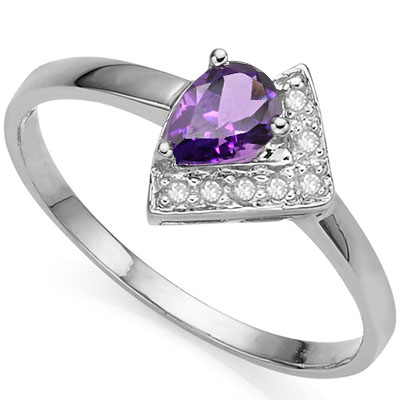 DAZZLING 0.4 CARAT AMETHYST WITH DOUBLE GENUINE DIAMONDS PLATINUM OVER 0.925 STERLING SILVER RING