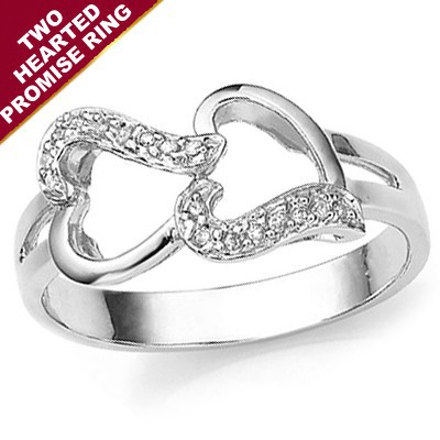 TWO HEARTS PROMISE RING, 6 PCS GENUINE WHITE DIAMOND ON 0.925 STERLING SILVER W/ PLATINUM
