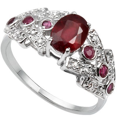 SPECTACULAR! 1.07 CT GENUINE RUBY & 6 PCS GENUINE RUBY 0.925 STERLING SILVER W/ PLATINUM RING