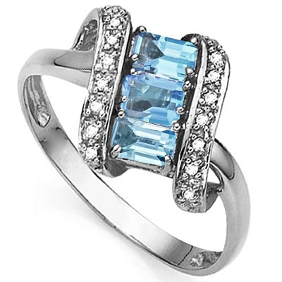 BREATHTAKING TRIPLE BLUE TOPAZ DOUBLE WHITE DIAMOND 0.925 STERLING SILVER W/ PLATINUM RING