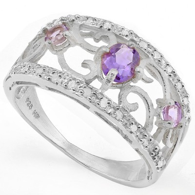 ALLURING 3 PCS AMETHYST WITH DOUBLE GENUINE DIAMONDS PLATINUM OVER 0.925 STERLING SILVER RING