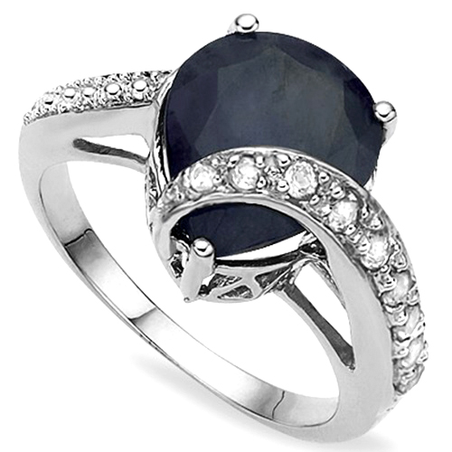 HUGE 5.05 CT GENUINE BLACK SAPPHIRE & 6PCS WHITE DIAMOND 0.925 STERLING SILVER RING