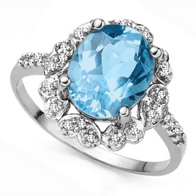 BREATHTAKING! 3.21 CT SKY BLUE TOPAZ DOUBLE GENUINE DIAMONDS 0.925 STERLING SILVER W/ PLATINUM RING
