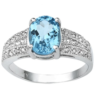 GLAMOROUS 2.40 CT BLUE TOPAZ WITH DOUBLE GENUINE DIAMONDS 0.925 STERLING SILVER W/ PLATINUM RING
