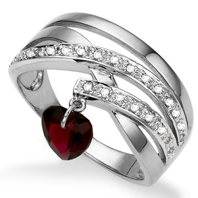 PRETTY HEART LOVING GARNET & (SI) BRILLIANT GENUINE DIAMOND 0.925 STERLING SILVER W/ PLATINUM RING