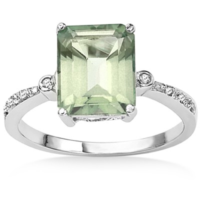 MARVELOUS GREEN AMETHYST DOUBLE WHITE DIAMOND 0.925 STERLING SILVER W/ PLATINUM RING 