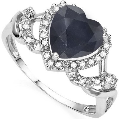 STUNNING HEART SHAPE GENUINE BLACK SAPPHIRE DOUBLE WHITE DIAMOND 0.925 STERLING SILVER W/ PLATINUM RING