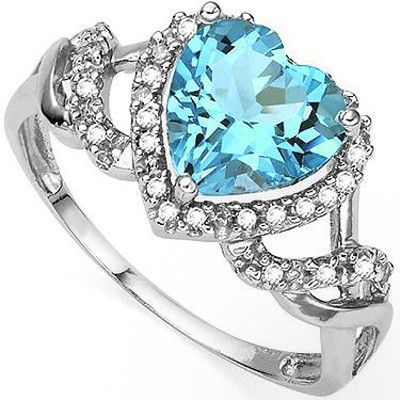 GRACEFUL HEART SKY BLUE TOPAZ DOUBLE WHITE DIAMOND 0.925 STERLING SILVER W/ PLATINUM RING