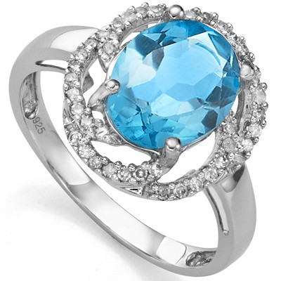 PRETTY 3.16 CT BLUE TOPAZ WITH DOUBLE DIAMONDS 0.925 STERLING SILVER W/ PLATINUM RING
