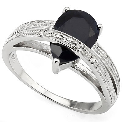 ENORMOUS MID-NIGHT BLUE GENUINE SAPPHIRE WITH DOUBLE GENUINE DIAMONDS 0.925 STERLING SILVER W/ PLATINUM RING