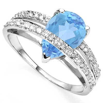 FASCINATING SKY BLUE TOPAZ & 4 PCS WHITE DIAMOND 0.925 STERLING SILVER W/ PLATINUM RING